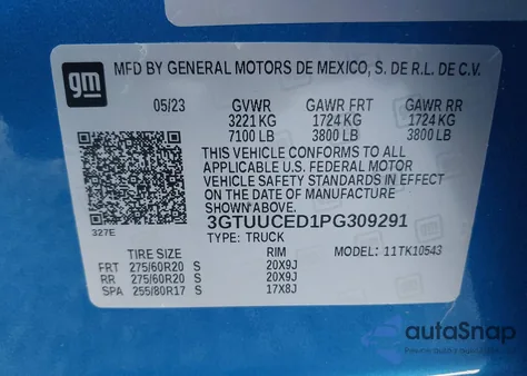 2023 GMC Sierra 1500 4Wd Short Box Elevation With 3Sb из США, поврежденный, VIN 3GTUUCED1PG309291